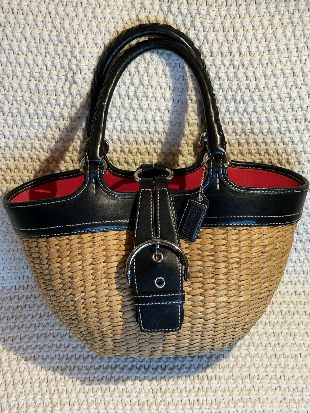 Coach Black Leather-Trim Woven Straw  Basket Tote
